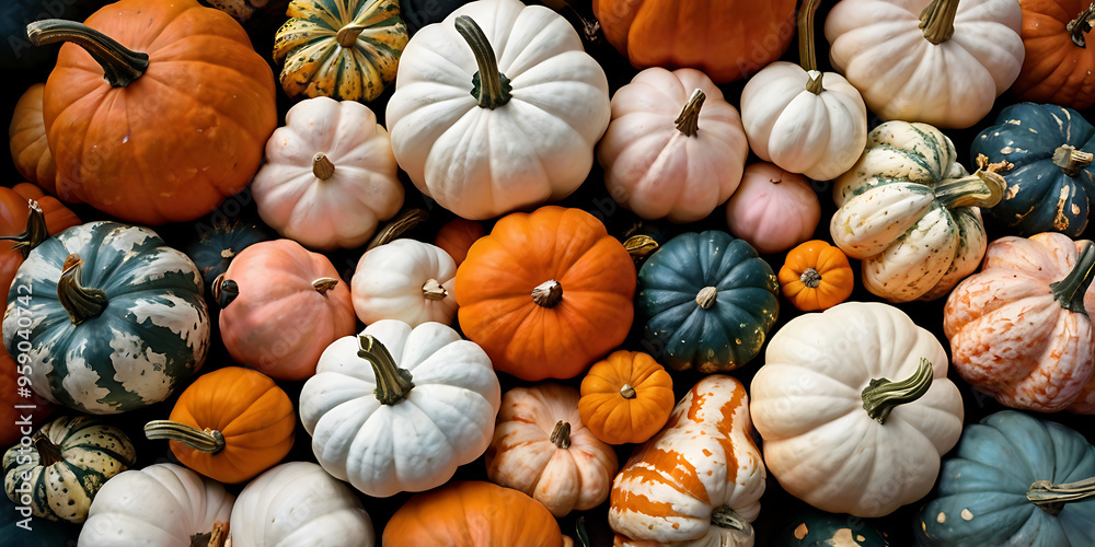 top view of various fresh ripe pumpkins as background, Colorful vegetable background, Beautiful autumn vegetables texture, Colorful assortment of pumpkins top view of various fresh ripe pumpkins as background, Colorful vegetable background, Beautiful autumn vegetables texture, Colorful assortment of pumpkins