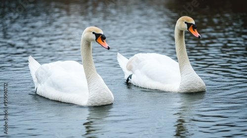 A pair of swans swimming side by side, displaying monogamous pairing and lifelong bonds in birds