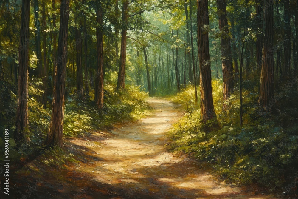 Fototapeta premium A Sunlit Path Winding Through a Lush Forest