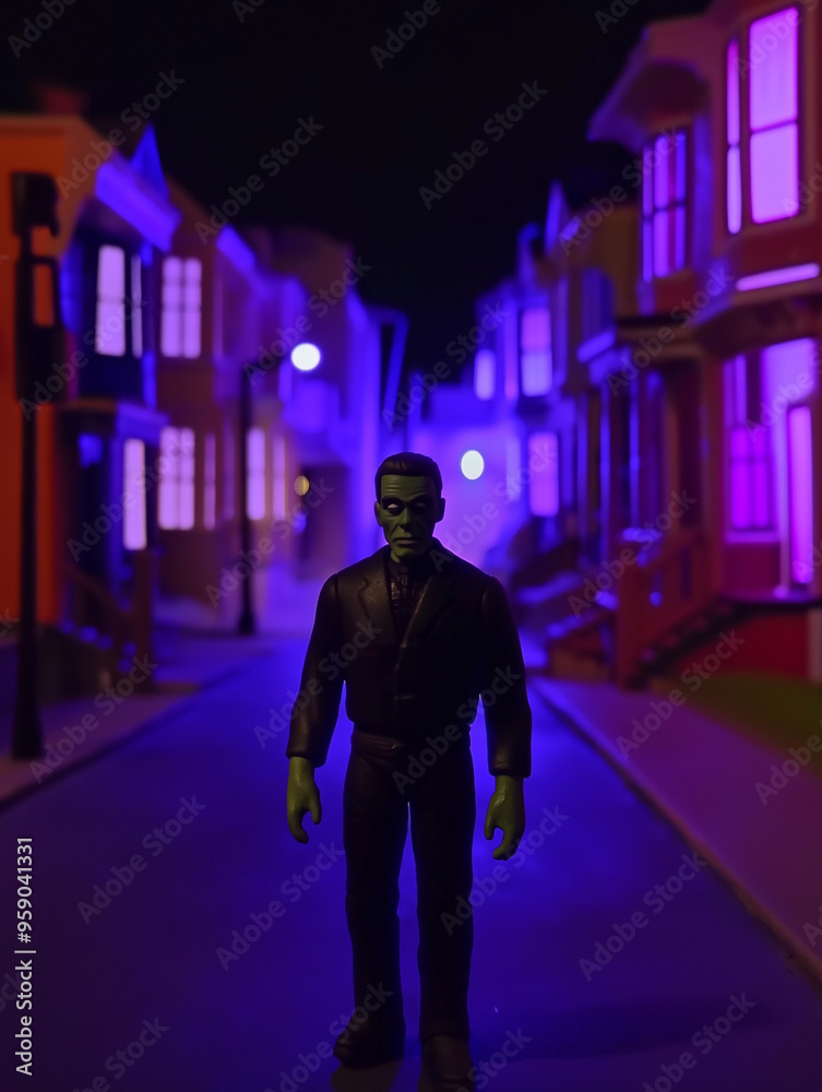 A frankenstein figurine in a miniature model set of a neighborhood. A fun halloween monster theme using claymation figures with purple, pink and black - fog, macrophotography. A frankenstein figurine in a miniature model set of a neighborhood. A fun halloween monster theme using claymation figures with purple, pink and black - fog, macrophotography.