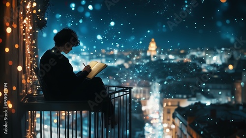 A person writing in a notebook on a balcony overlooking a city skyline at night, surrounded by twinkling lights and a serene atmosphere photo