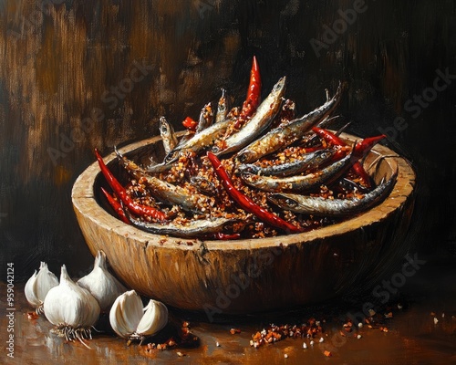 Oil painting depicting a traditional dish featuring anchovies tempoyak chili bitter bean garlic and onion served in a wooden bowl against a dark backdrop highlighting its great taste and spiciness photo