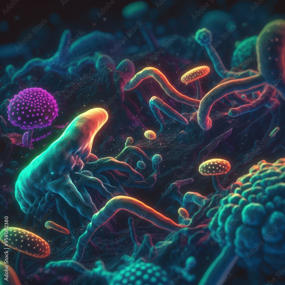 Obraz premium Glowing bacteria in a colorful array, working in harmony within the gut to maintain balance and health.