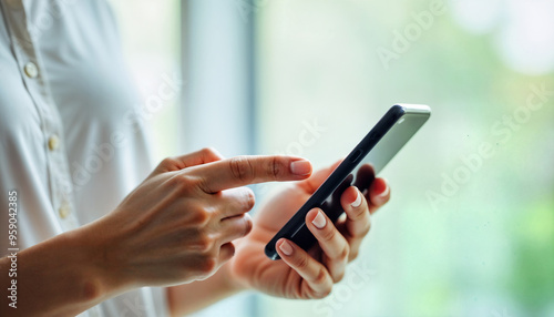  hands typing on phone, close-up of hands using a smartphone, copy space for text