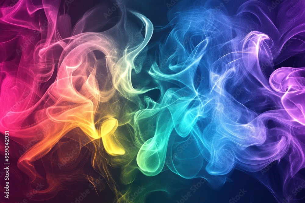 Vibrant smoke in a variety of colors against a dark backdrop creating an artistic line art illustration Vibrant smoke in a variety of colors against a dark backdrop creating an artistic line art illustration
