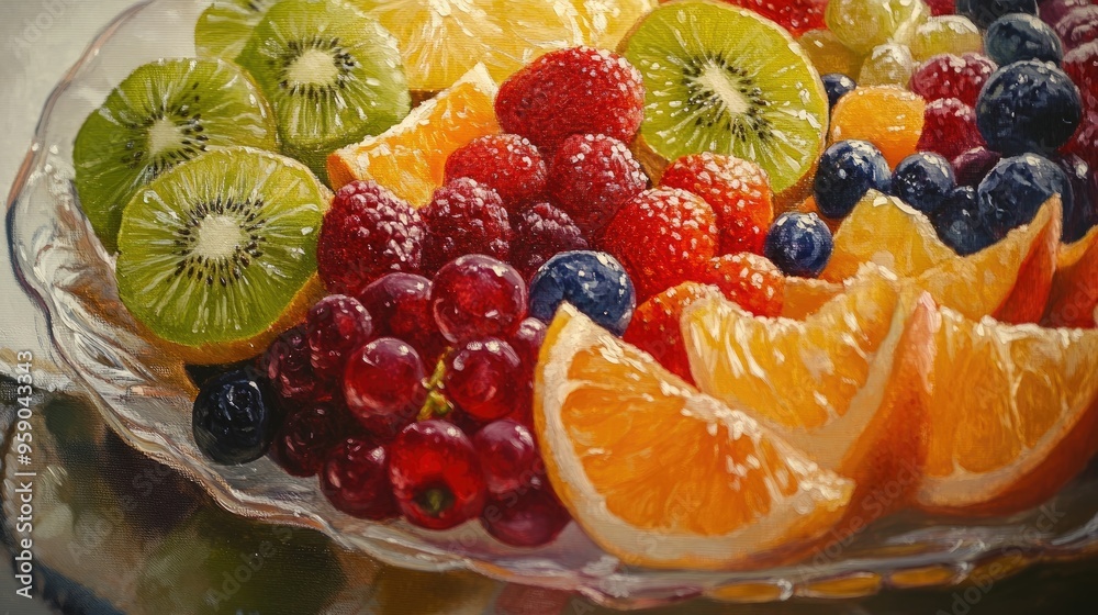 Oil painting depicting a vibrant assortment of fresh fruits in a salad showcasing a healthy dessert option