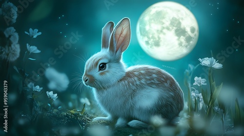 Chinese Zodiac Rabbit with Moon Symbols: A rabbit depicted under a full moon, with lunar symbols and soft, mystical lighting, representing tranquility and reflection. 