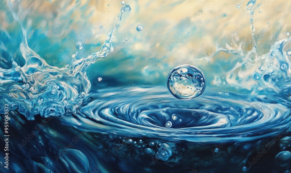 Oil painting depicting a water drop on glass with a background of sea foam splashes showcasing the interplay of water elements
