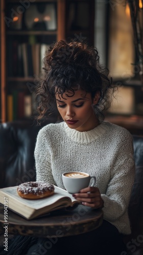 A woman enjoying coffee and a donut while reading a book in a cozy café setting on a winter afternoon