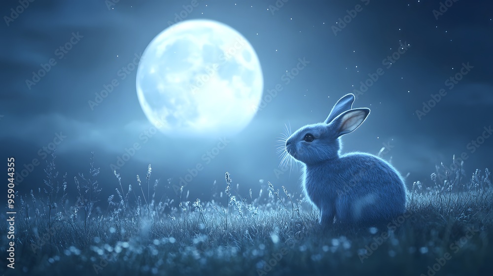Fototapeta premium Chinese Zodiac Rabbit with Moon Symbols: A rabbit depicted under a full moon, with lunar symbols and soft, mystical lighting, representing tranquility and reflection. 