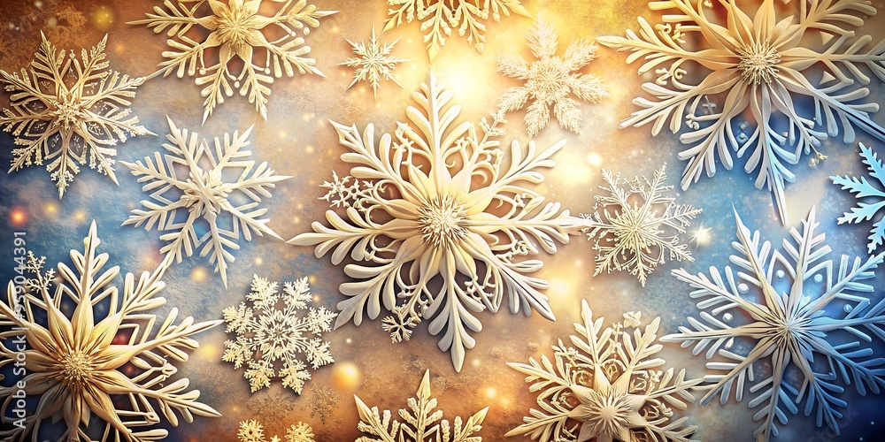 Beautiful white snowflakes on a blue and orange ombre background with copy space. Perfect for winter, holiday, or seasonal designs. Beautiful white snowflakes on a blue and orange ombre background with copy space. Perfect for winter, holiday, or seasonal designs.
