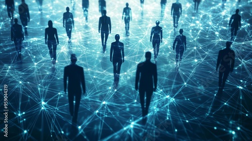 Silhouettes of people connected by digital lines, representing a network of individuals and the concept of connectivity in a virtual space.