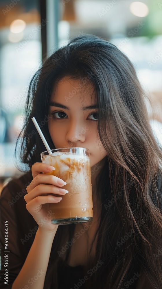 Young woman enjoying a cold coffee drink in a cozy café during the afternoon, with soft natural light illuminating her features Young woman enjoying a cold coffee drink in a cozy café during the afternoon, with soft natural light illuminating her features