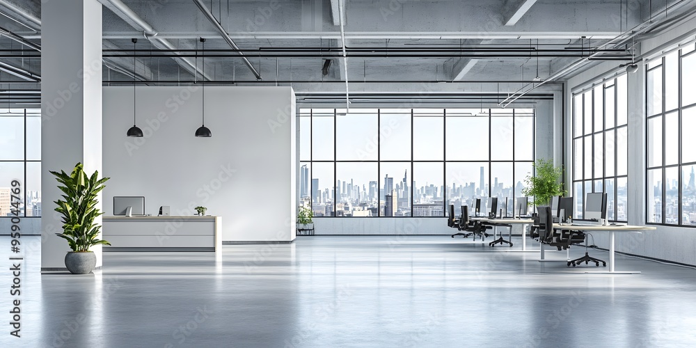 A modern office interior with white desks and chairs, featuring large windows that create an open space atmosphere. A modern office interior with white desks and chairs, featuring large windows that create an open space atmosphere.