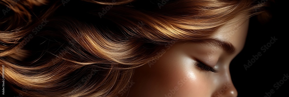 Close-up of a woman's face with soft, flowing, brown hair with a side profile.