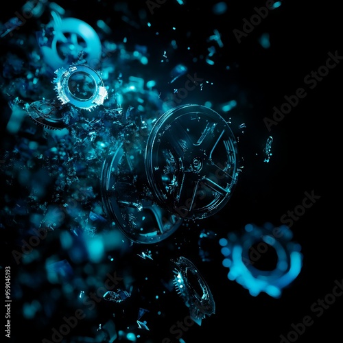 Abstract blue gears and cogs swirl in a dark background, representing energy, innovation, and motion.