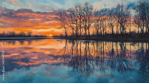 Oil painting showcasing the reflection of trees on the water during sunset capturing the beautiful interplay of colors and light