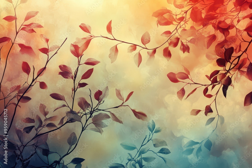Abstract Watercolor Painting of Branches with Red and Green Leaves Abstract Watercolor Painting of Branches with Red and Green Leaves