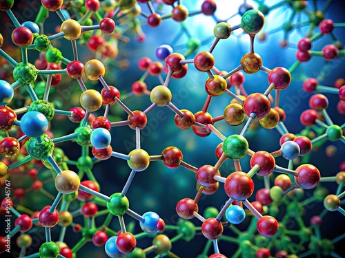 Vibrant microscopic image of a polyantharosen molecule, featuring a complex network of branching sugar molecules, ideal for illustrating scientific concepts and biotechnology research. photo