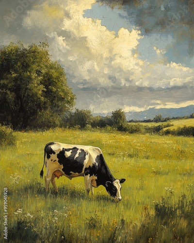 Oil painting depicting a cow grazing in a grassy field photo