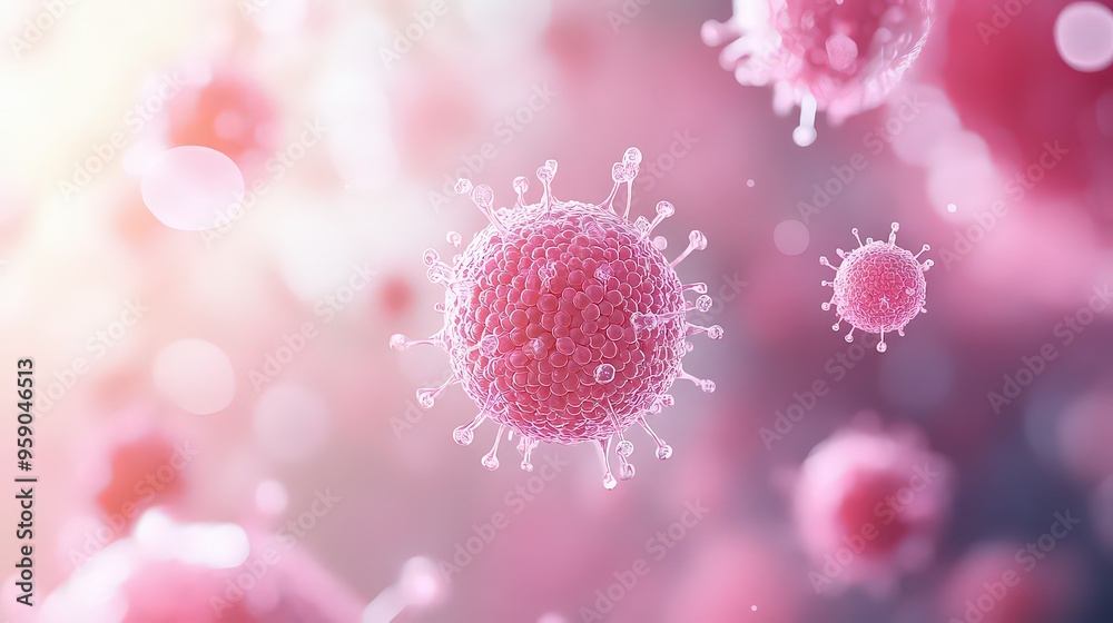 Microscopic view of virus cells floating in a soft pink environment, showing the complex structures of these tiny organisms. Microscopic view of virus cells floating in a soft pink environment, showing the complex structures of these tiny organisms.