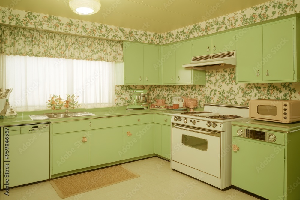 Fototapeta premium Retro Kitchen with Avocado Green Decor and Vintage Appliances in Mid-Century Modern Style