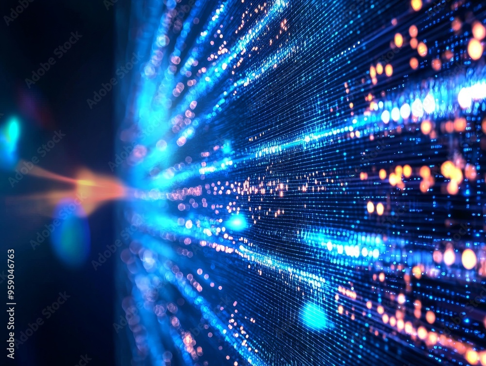 Abstract digital background with blue and orange lights, representing data flow and technology. Abstract digital background with blue and orange lights, representing data flow and technology.