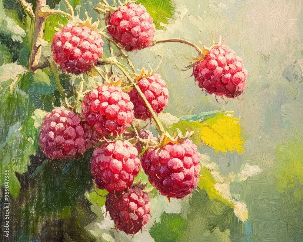 Close up oil painting of ripe raspberries on a bush showcasing organic berry growth with selective focus in a vibrant summer garden setting Close up oil painting of ripe raspberries on a bush showcasing organic berry growth with selective focus in a vibrant summer garden setting