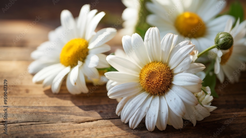 Obraz premium A bouquet of daisies on a wooden table with a place for text.
