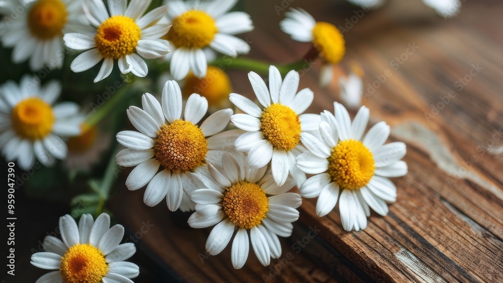 Obraz premium A bouquet of daisies on a wooden table with a place for text.