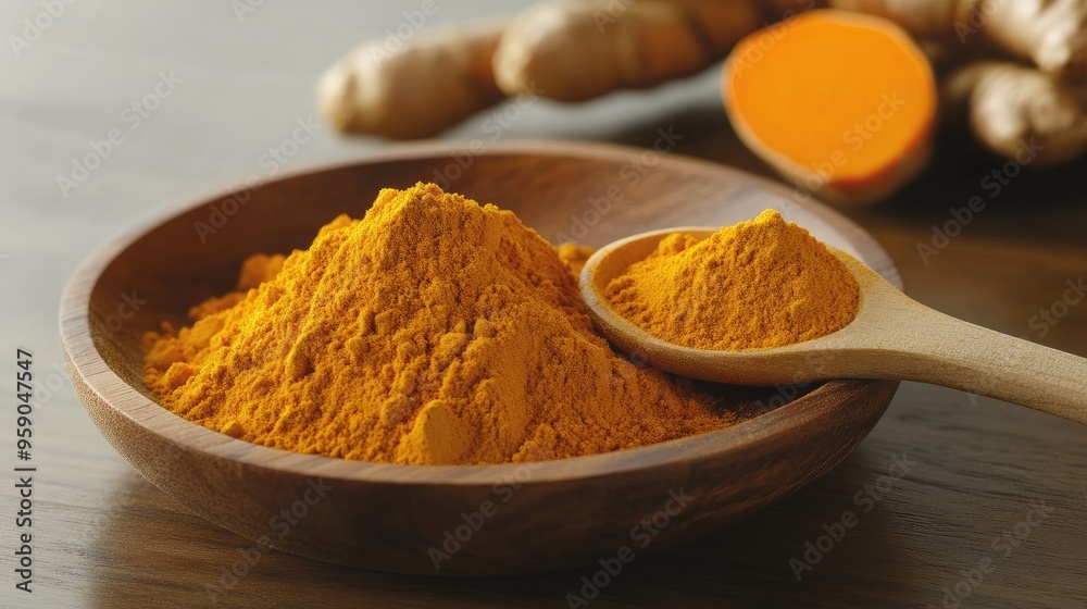 Turmeric powder in a wooden bowl. This image is perfect for showcasing the vibrant color and texture of turmeric, a popular spice used in cooking and natural remedies. Turmeric powder in a wooden bowl. This image is perfect for showcasing the vibrant color and texture of turmeric, a popular spice used in cooking and natural remedies.