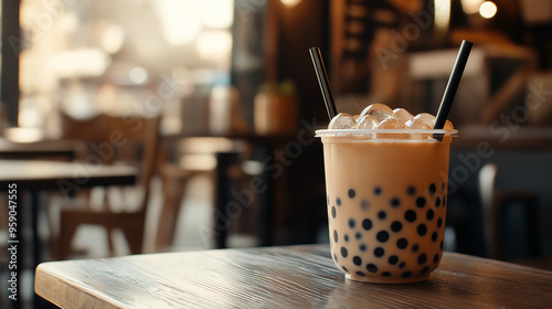 Cuo of bubble tea with straw  on table