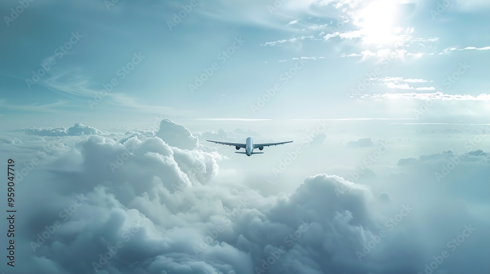Airplane flying above the clouds in a bright sky. Airplane flying above the clouds in a bright sky.