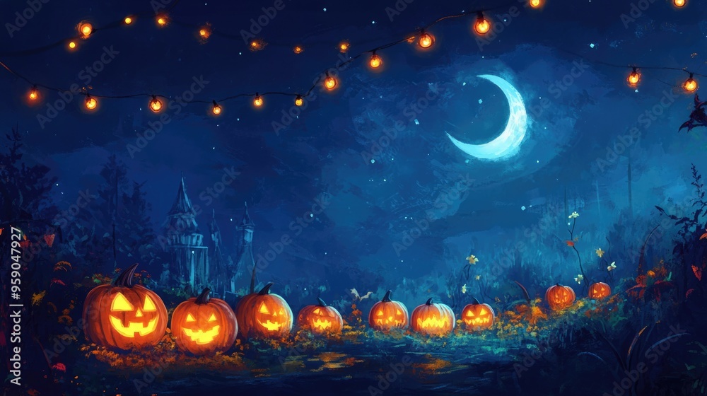 Magical Pumpkin Patch at Night with Glowing Pumpkins and Fairy Lights Under a Crescent Moon Magical Pumpkin Patch at Night with Glowing Pumpkins and Fairy Lights Under a Crescent Moon