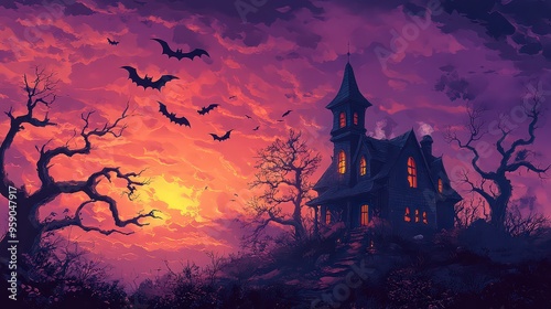 haunted house with glowing windows sits on a hill at sunset. Bats fly in the purple and orange sky, enhancing the eerie and spooky Halloween vibe.