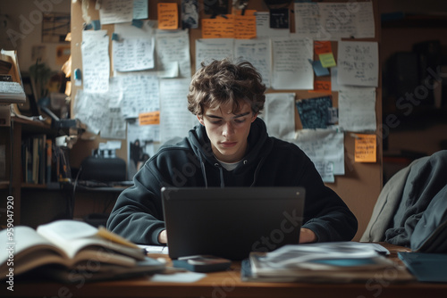 A teenager focused on studying at desk in their room, surrounded by notes and books, embodies sense of determination and concentration.