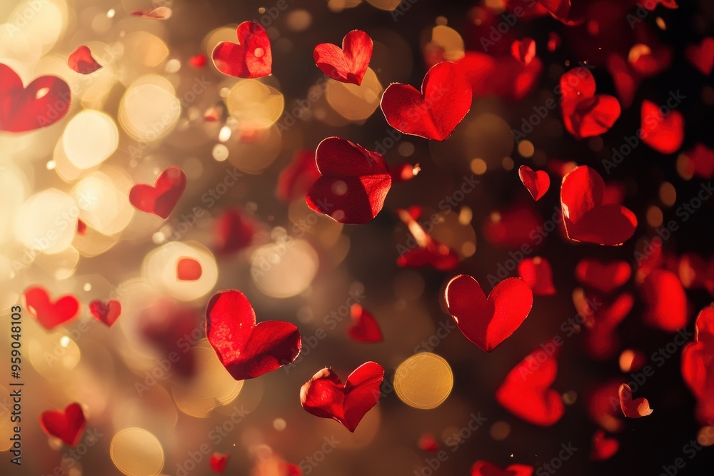 Red Rose Petals Falling in Heart Shapes With Bokeh Lights