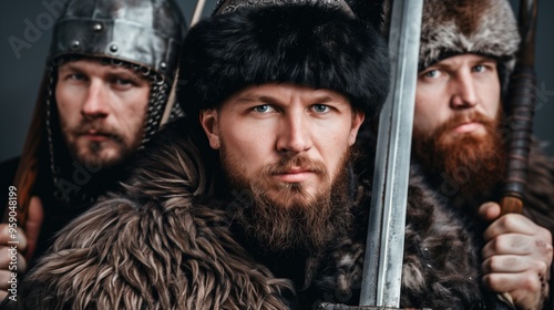 Warriors clad in fur and armor stand together, brandishing swords and exuding a sense of camaraderie and readiness for battle in a historical reenactment setting photo