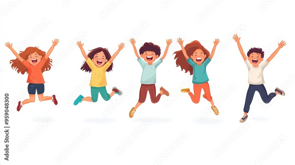 A group of happy, animated children jumping with joy, symbolizing the energy, excitement, and carefree spirit of childhood. A group of happy, animated children jumping with joy, symbolizing the energy, excitement, and carefree spirit of childhood.