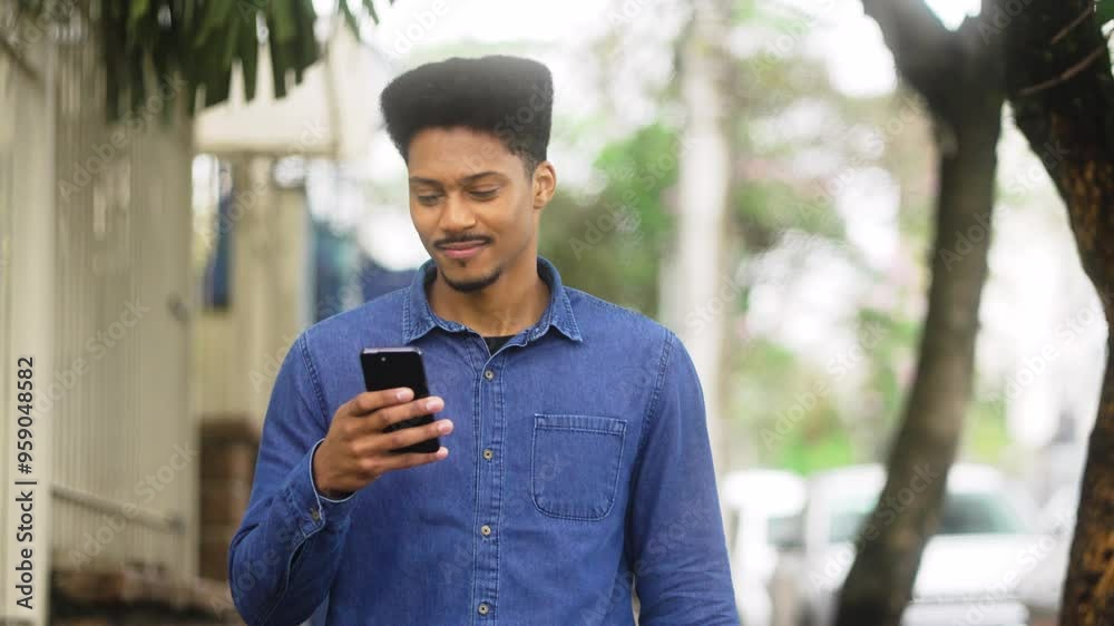 Smiling African American man using his mobile phone while walking outdoors. Relaxed individual in a denim shirt enjoying a casual moment while checking his smartphone in an urban setting. Smiling African American man using his mobile phone while walking outdoors. Relaxed individual in a denim shirt enjoying a casual moment while checking his smartphone in an urban setting.