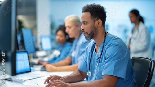 A group of healthcare workers focuses on their tasks, using computers and sharing information in a well-equipped medical environment