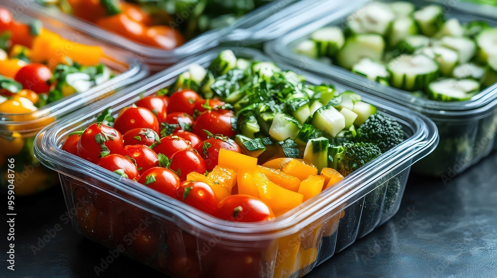 Fresh, vibrant vegetable salads in plastic containers, symbolizing healthy eating, meal prep, and colorful, nutritious choices. Fresh, vibrant vegetable salads in plastic containers, symbolizing healthy eating, meal prep, and colorful, nutritious choices.