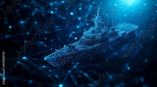 Abstract digital illustration of a futuristic warship with glowing lines and dots, representing technology and innovation. photo