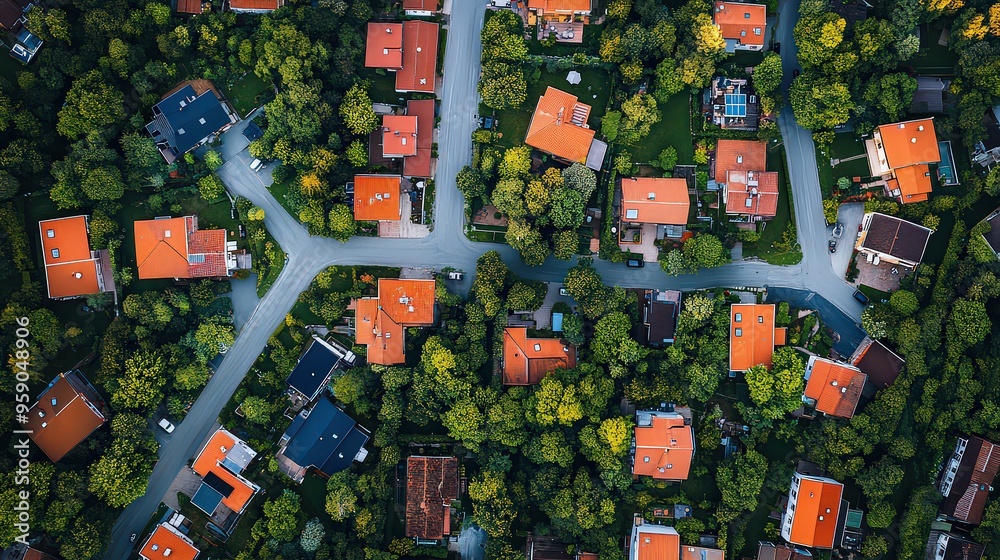 Aerial view of a suburban neighborhood with red-roofed houses and tree-lined streets, symbolizing peaceful living and community life. Aerial view of a suburban neighborhood with red-roofed houses and tree-lined streets, symbolizing peaceful living and community life.