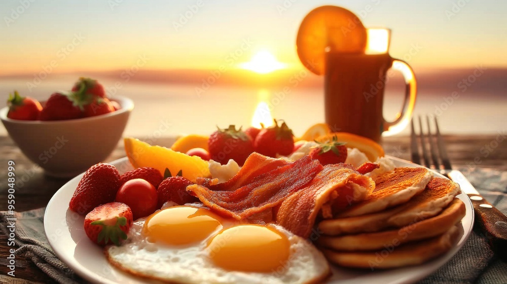 Enjoy a sumptuous breakfast featuring golden pancakes, crispy bacon, fried eggs, and a selection of fresh strawberries and oranges as the sun rises over the ocean