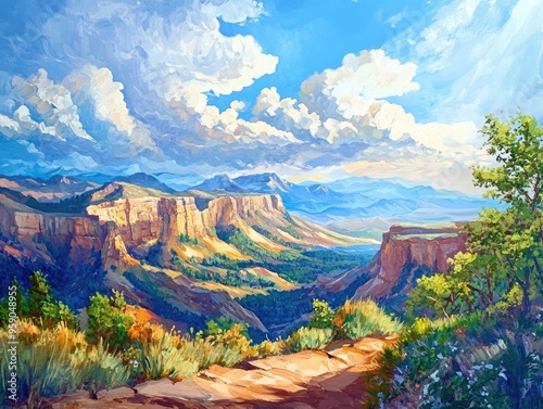 Oil painting showcasing a stunning panoramic view of a mountain landscape featuring vibrant colors and intricate details