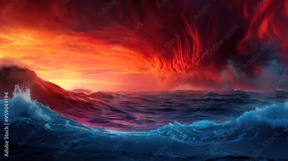 Fototapeta premium A fiery sunset casts brilliant orange and red hues across turbulent ocean waves, while a distant volcanic eruption adds dramatic clouds and light, showcasing natureвЂ™s raw power
