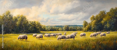 Oil painting depicting a flock of sheep grazing in lush fields capturing the essence of rural life and nature s harmony photo