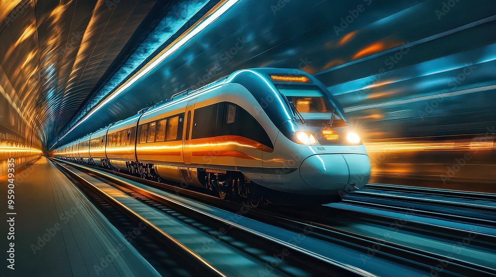 high-speed train zooming through a futuristic tunnel, illuminated by glowing lights, symbolizing modern transportation and advanced technology. high-speed train zooming through a futuristic tunnel, illuminated by glowing lights, symbolizing modern transportation and advanced technology.
