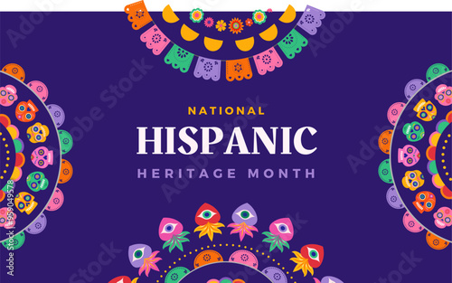 National Hispanic heritage month festival banner with tropical flowers, guitar and sombrero, vector ornament pattern. Latin American culture and Hispanic heritage month holiday of tradition and art photo